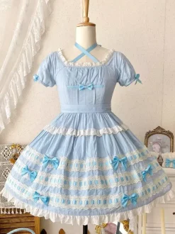 Robe Lolita douce bleu ciel clair manches courtes volants tenue décontractée en polyester style kawaii