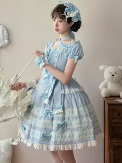 Robe Lolita douce bleu ciel clair manches courtes volants tenue décontractée en polyester style kawaii