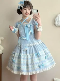 Robe Lolita douce bleu ciel clair manches courtes volants tenue décontractée en polyester style kawaii