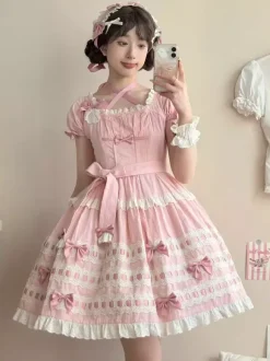 Robe Lolita douce bleu ciel clair manches courtes volants tenue décontractée en polyester style kawaii
