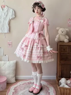 Robe Lolita douce bleu ciel clair manches courtes volants tenue décontractée en polyester style kawaii