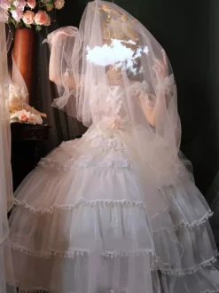 Robe Lolita douce de mariage Hime couvre-chef sans manches robe Lolita blanche robe à blocs de couleurs