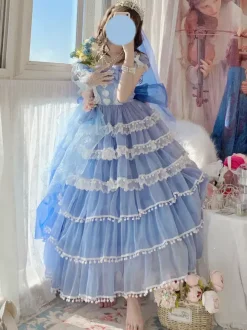 Robe Lolita douce de mariage Hime couvre-chef sans manches robe Lolita blanche robe à blocs de couleurs