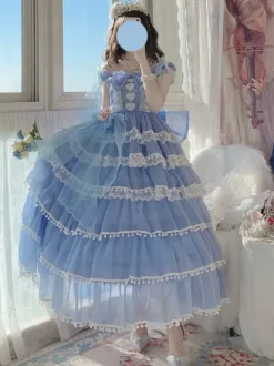 Robe Lolita douce de mariage Hime couvre-chef sans manches robe Lolita blanche robe à blocs de couleurs