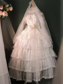 Robe Lolita douce de mariage Hime couvre-chef sans manches robe Lolita blanche robe à blocs de couleurs