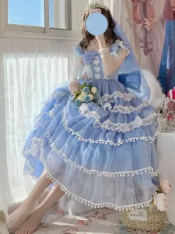 Robe Lolita douce de mariage Hime couvre-chef sans manches robe Lolita blanche robe à blocs de couleurs