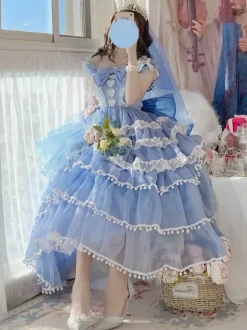 Robe Lolita douce de mariage Hime couvre-chef sans manches robe Lolita blanche robe à blocs de couleurs