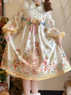 Robe Lolita douce en polyester à manches longues avec n艙uds Robe Lolita de Noël douce