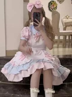 Robe Lolita douce en polyester à manches courtes et volants robe Lolita rose