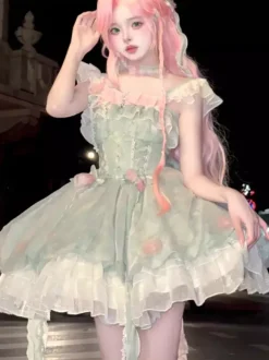 Robe Lolita douce sans manches à fleurs ras du cou vert clair avec traîne