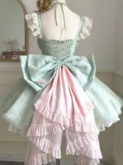 Robe Lolita douce sans manches à fleurs ras du cou vert clair avec traîne