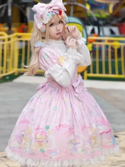 Robe Lolita douce sans manches à n艙uds robe jaune féerique