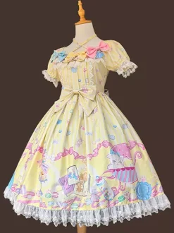 Robe Lolita douce sans manches à n艙uds robe jaune féerique