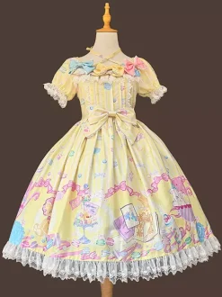 Robe Lolita douce sans manches à n艙uds robe jaune féerique