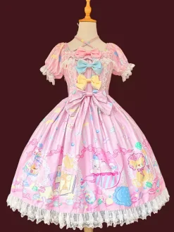 Robe Lolita douce sans manches à n艙uds robe jaune féerique