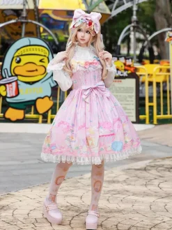 Robe Lolita douce sans manches à n艙uds robe jaune féerique