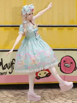 Robe Lolita douce sans manches à n艙uds robe jaune féerique