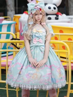 Robe Lolita douce sans manches à n艙uds robe jaune féerique