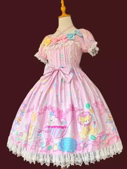 Robe Lolita douce sans manches à n艙uds robe jaune féerique