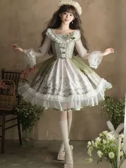 Robe Lolita douce vert sauge manches longues motif lapin brodé robe classique de conte de fées polyester mode kawaii