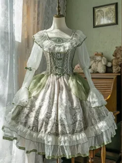 Robe Lolita douce vert sauge manches longues motif lapin brodé robe classique de conte de fées polyester mode kawaii