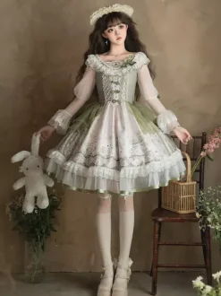 Robe Lolita douce vert sauge manches longues motif lapin brodé robe classique de conte de fées polyester mode kawaii