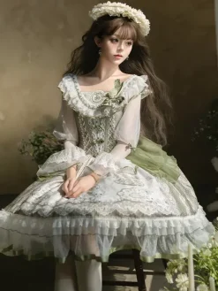 Robe Lolita douce vert sauge manches longues motif lapin brodé robe classique de conte de fées polyester mode kawaii