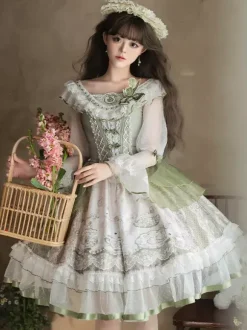 Robe Lolita douce vert sauge manches longues motif lapin brodé robe classique de conte de fées polyester mode kawaii