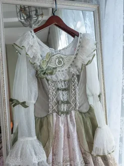 Robe Lolita douce vert sauge manches longues motif lapin brodé robe classique de conte de fées polyester mode kawaii