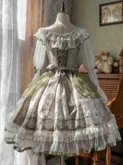Robe Lolita douce vert sauge manches longues motif lapin brodé robe classique de conte de fées polyester mode kawaii