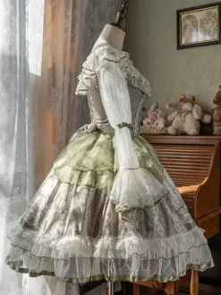 Robe Lolita douce vert sauge manches longues motif lapin brodé robe classique de conte de fées polyester mode kawaii