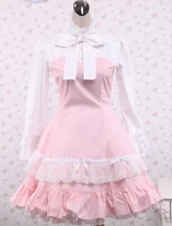 Robe lolita en coton rose avec noeud de col roulé Déguisements Halloween