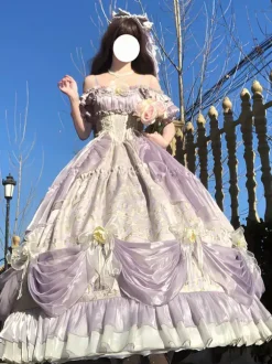 Robe Lolita Fée Violette à épaules dénudées et volants spaghetti style Sweet Lolita Tea Party