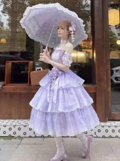 Robe Lolita fée violette à volants multiples et n艙uds en dentelle sans manches