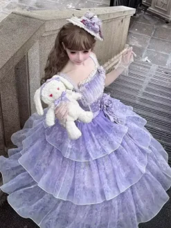 Robe Lolita fée violette à volants multiples et n艙uds en dentelle sans manches