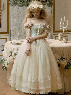 Robe Lolita féerique blanche à fleurs et n艙uds épaules dénudées manches courtes style Lolita vintage