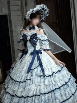 Robe Lolita féerique bleu ciel clair n艙uds lacets manches courtes style rococo robe de tea party