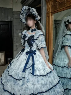 Robe Lolita féerique bleu ciel clair n艙uds lacets manches courtes style rococo robe de tea party