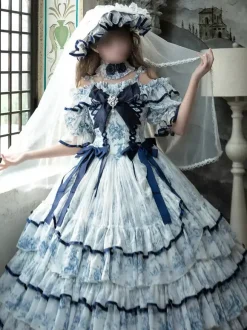 Robe Lolita féerique bleu ciel clair n艙uds lacets manches courtes style rococo robe de tea party