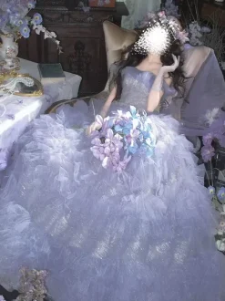 Robe Lolita féerique bustier en dentelle scintillante et tulle épaules dénudées