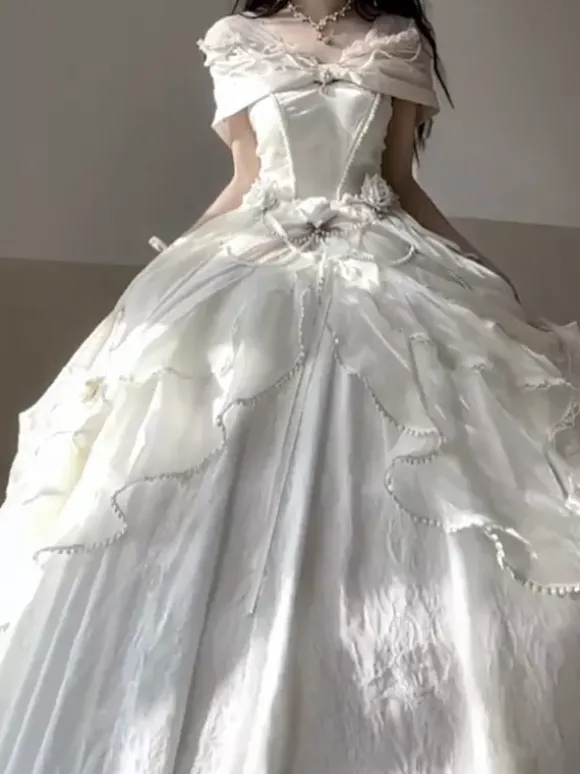 Robe Lolita féerique épaules dénudées n艙ud en dentelle robe Lolita longue jusqu'au sol