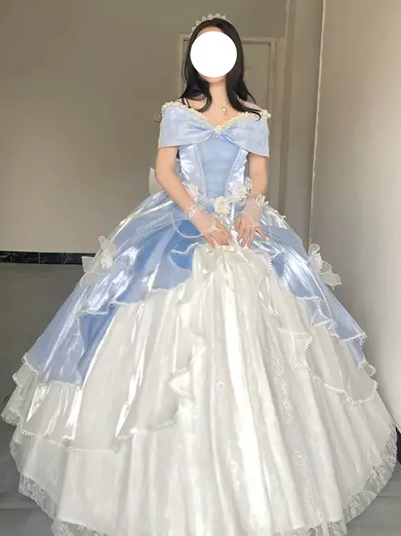 Robe Lolita féerique épaules dénudées n艙ud en dentelle robe Lolita longue jusqu'au sol