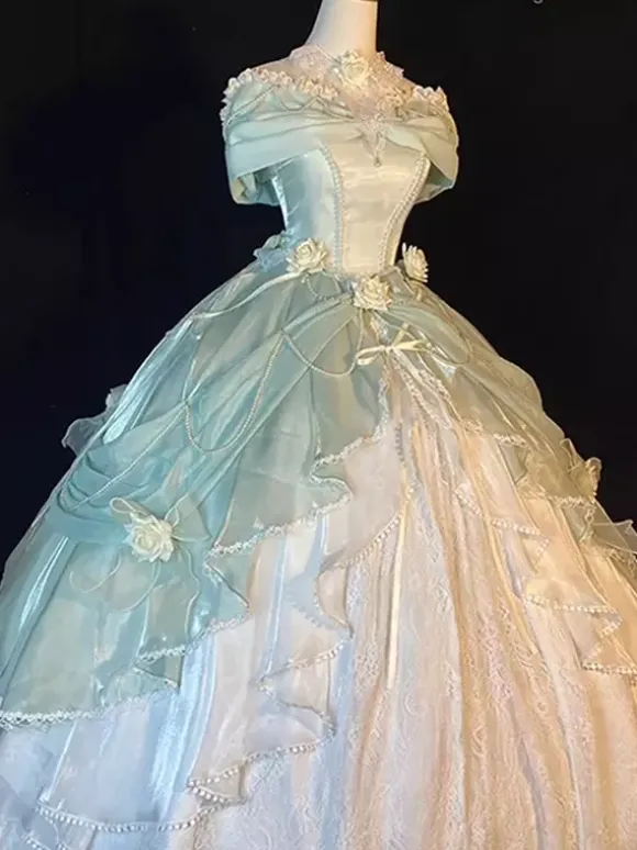 Robe Lolita féerique épaules dénudées n艙ud en dentelle robe Lolita longue jusqu'au sol