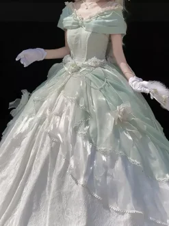 Robe Lolita féerique épaules dénudées n艙ud en dentelle robe Lolita longue jusqu'au sol