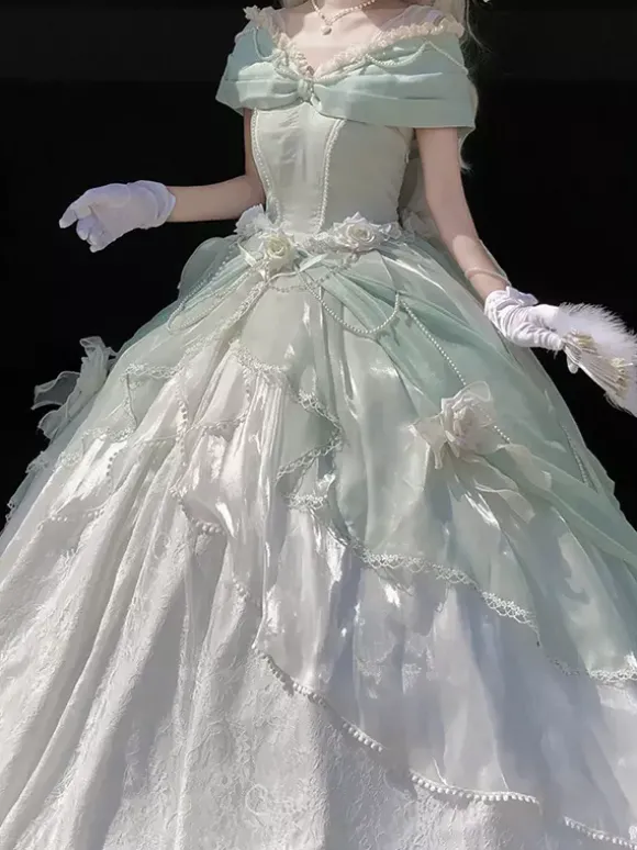 Robe Lolita féerique épaules dénudées n艙ud en dentelle robe Lolita longue jusqu'au sol