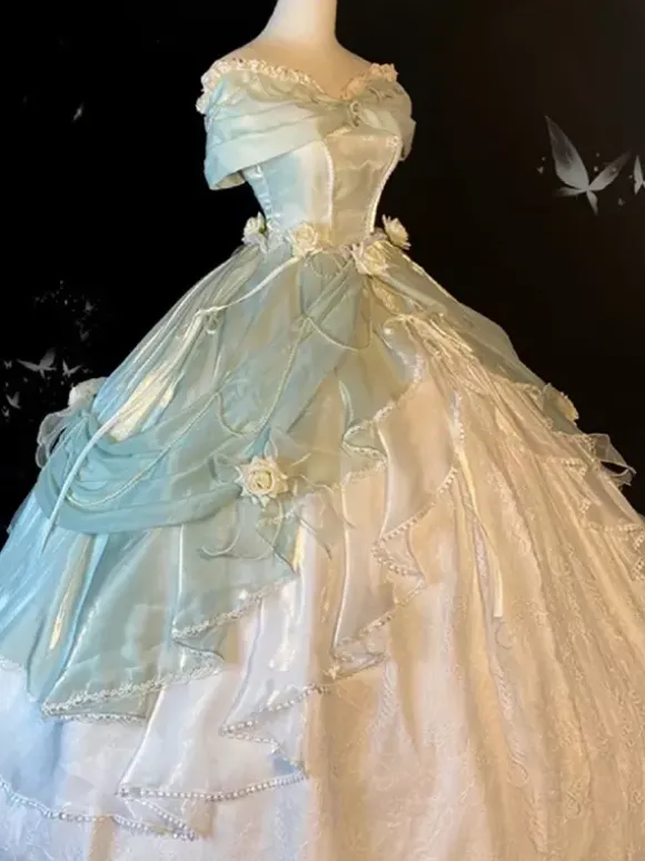 Robe Lolita féerique épaules dénudées n艙ud en dentelle robe Lolita longue jusqu'au sol