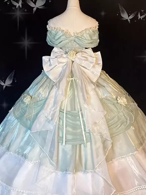 Robe Lolita féerique épaules dénudées n艙ud en dentelle robe Lolita longue jusqu'au sol