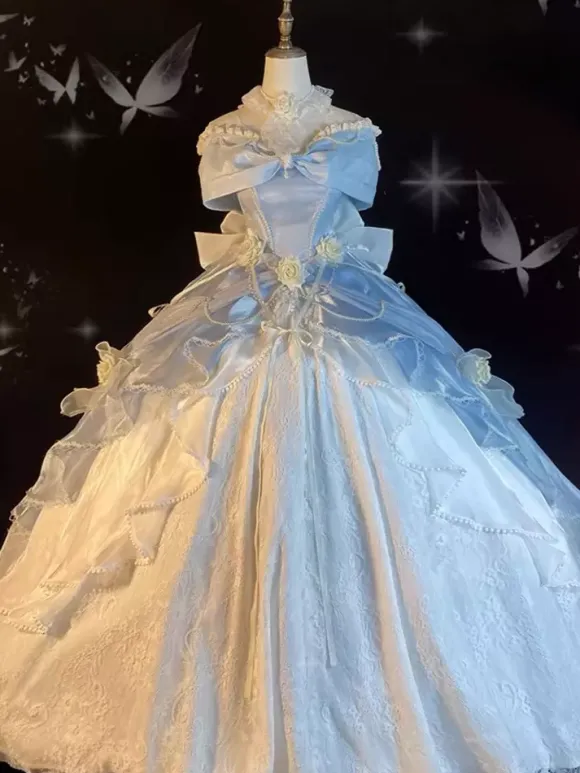 Robe Lolita féerique épaules dénudées n艙ud en dentelle robe Lolita longue jusqu'au sol