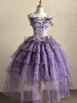 Robe Lolita féerique violette et noire à volants corset en dentelle avec n艙ud et bandage