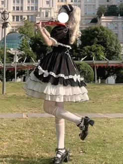Robe Lolita JSK de retour à l'école et ensemble de pièces de remorquage à smocks à volants multicouches avec n艙ud papillon Robe Lolita JSK de princesse douce